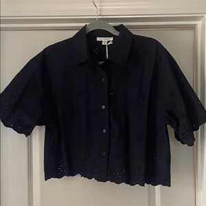 Navy Eyelet Button-Up Top